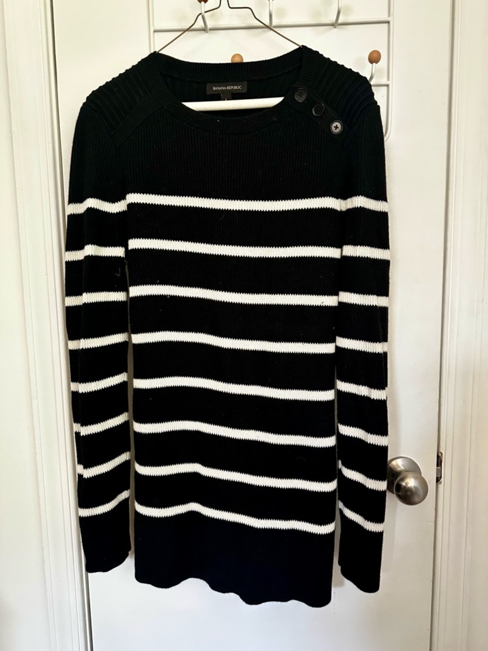 Banana Republic Black and White Striped Button-Shoulder Merino Blend Sweater